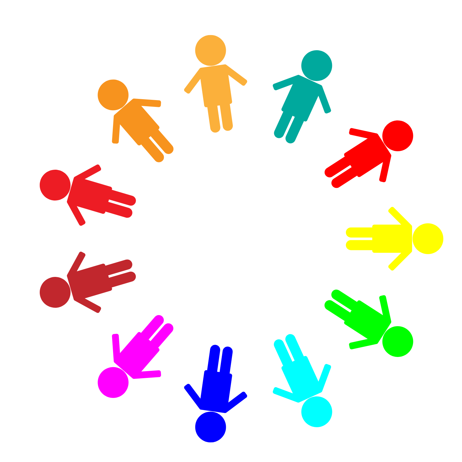 Colorful icons of children in a circle, each in a different hue.